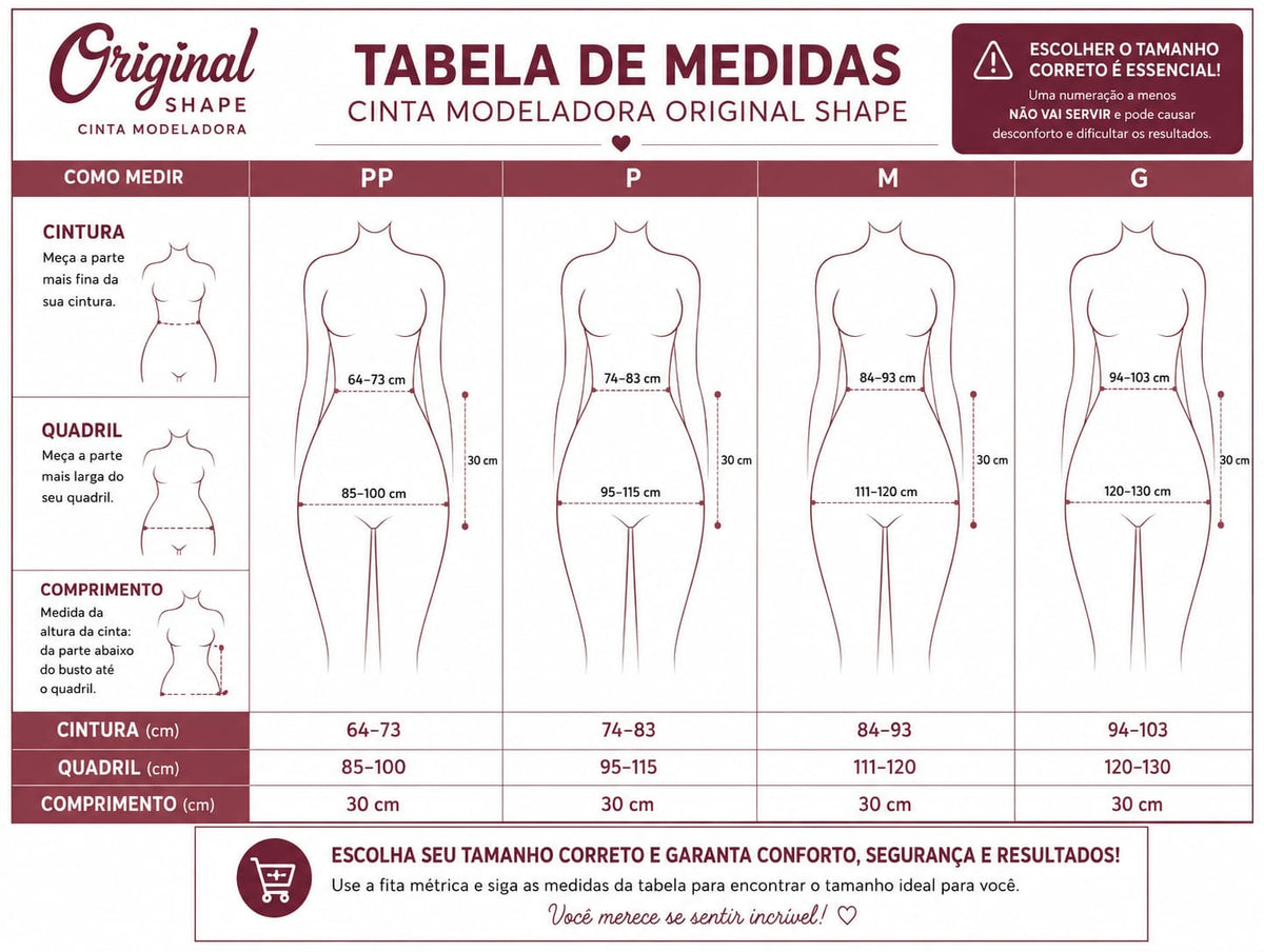 Tabela de medidas da cinta modeladora Original Shape